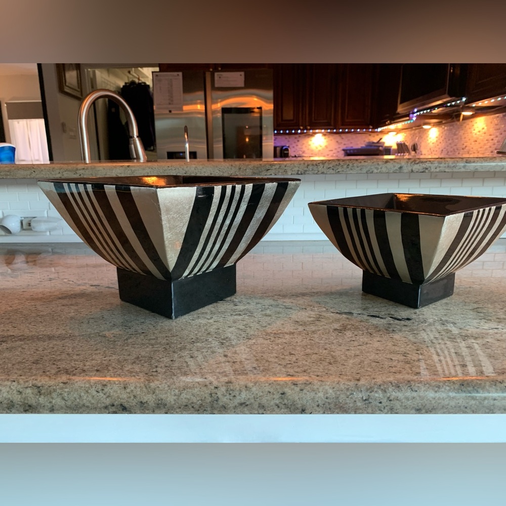 Mid-Century Modern Hand-Painted Wooden Pedestal Bowls- Black & Silver (Set of 2)
